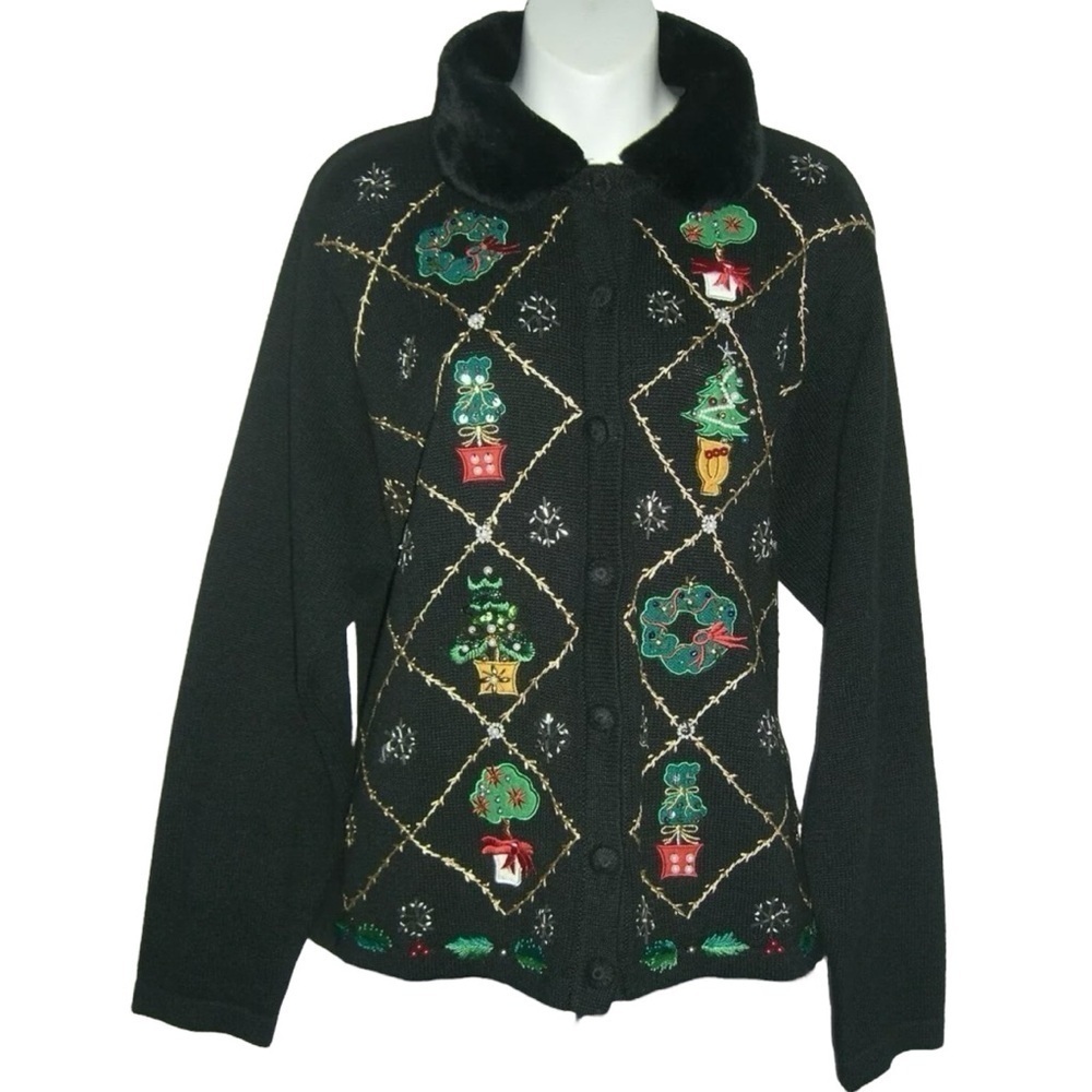 Vintage 90's OHI Ugly Christmas Sweater Cardigan Removable Collar Beaded Sequin